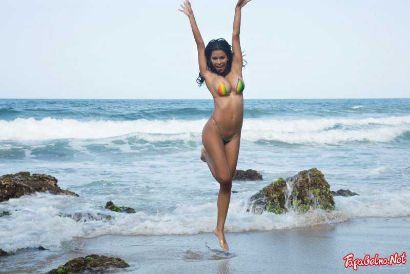 Busty latina in bikini and without